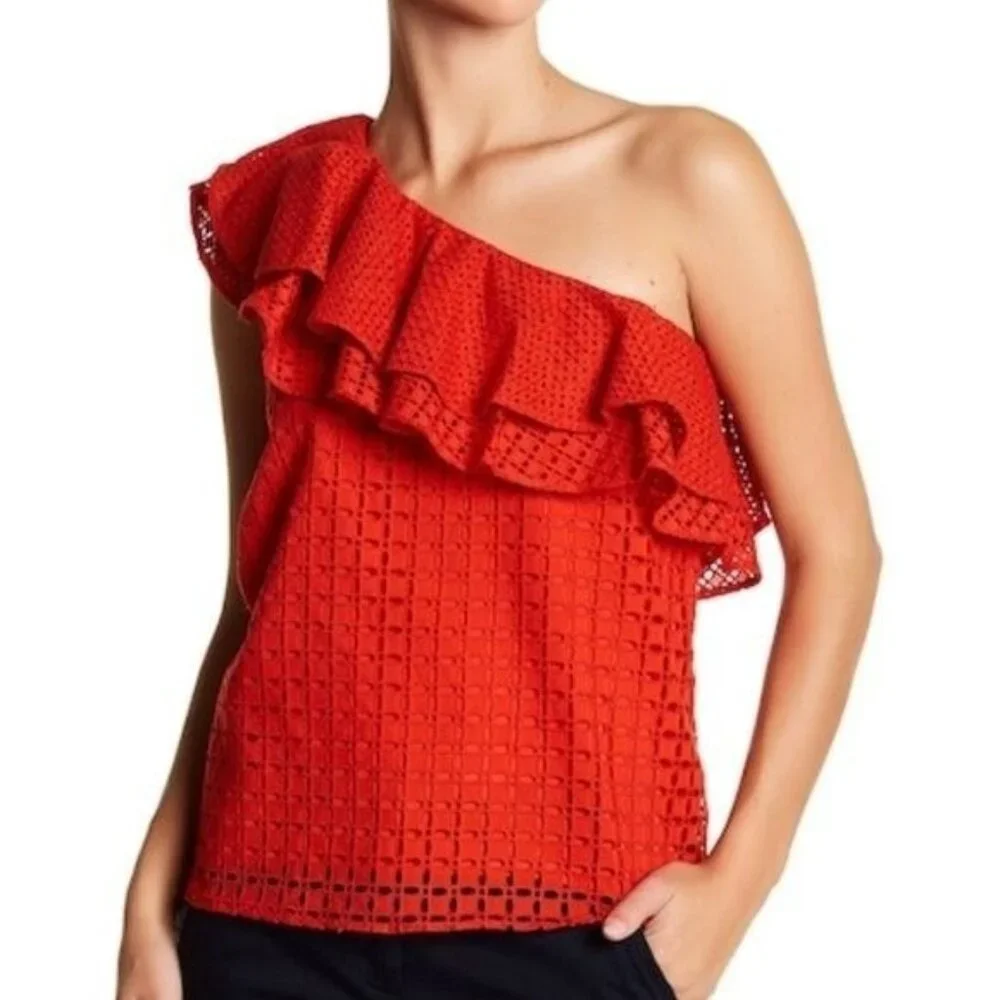 NEW J Crew‎ Womens 12 Red Eyelet One Shoulder Ruffle Top Shirt